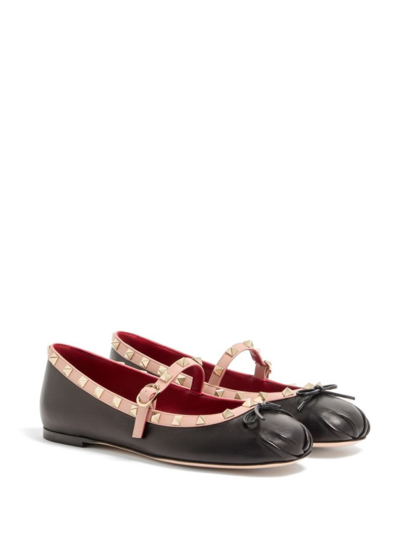 Valentino Garavani Black Leather Gold Studded Bow Flats