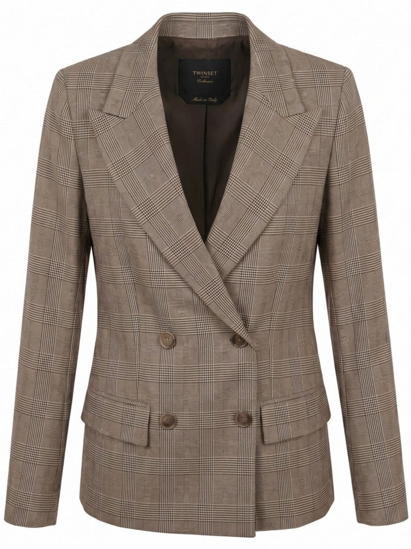 Twin-Set Tailored Prince Of Wales Check Blazer With Double-Breasted Front