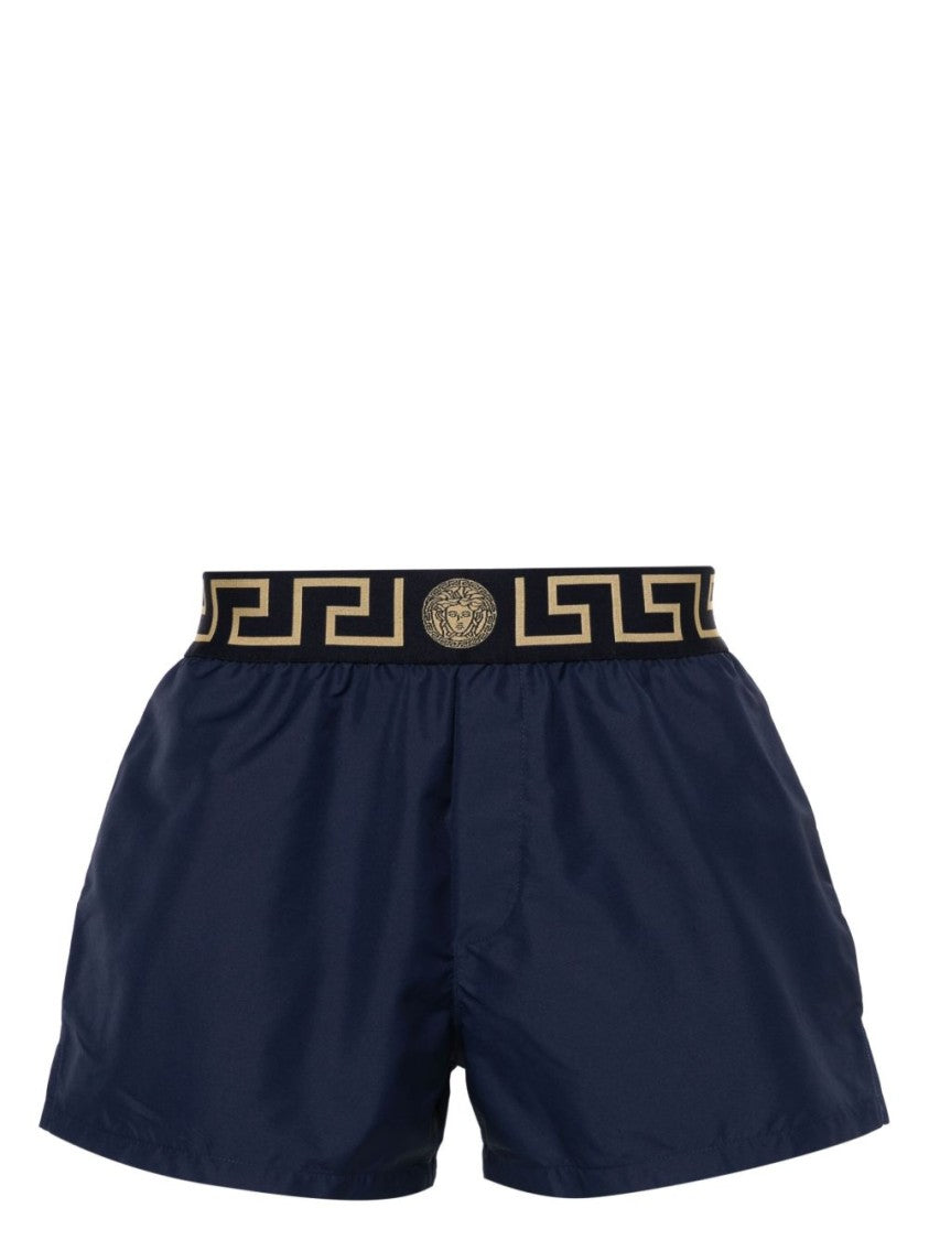 Versace Navy Silk-Nylon Swim Shorts With Greek Key Waistband