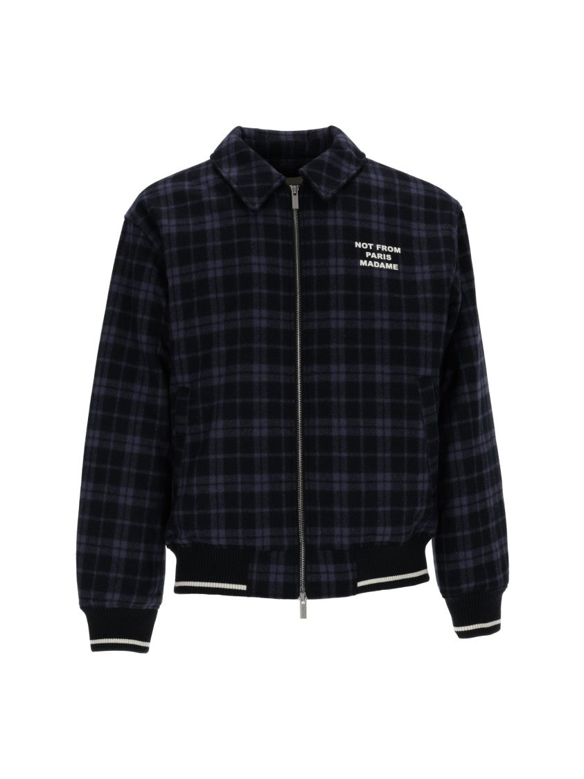 Drôle De Monsieur Navy Check Flannel Slogan Casual Jacket