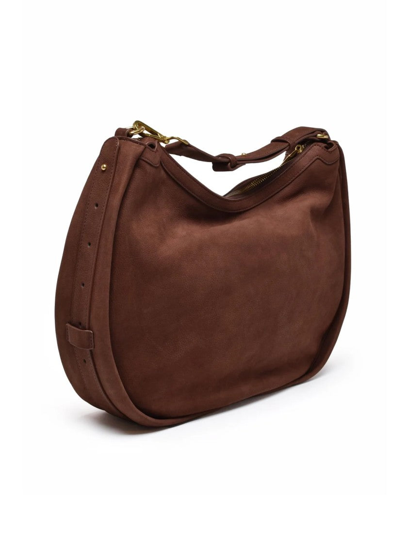 Ermanno Firenze Crescent-Shaped Brown Suede Shoulder Bag With Gold Hardware