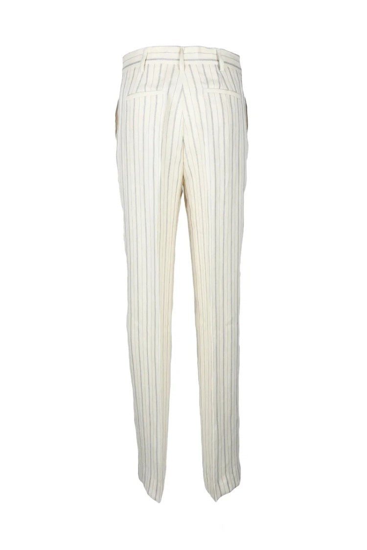 Twin-Set Tailored Beige Linen-Cotton Trousers With Vertical Stripes