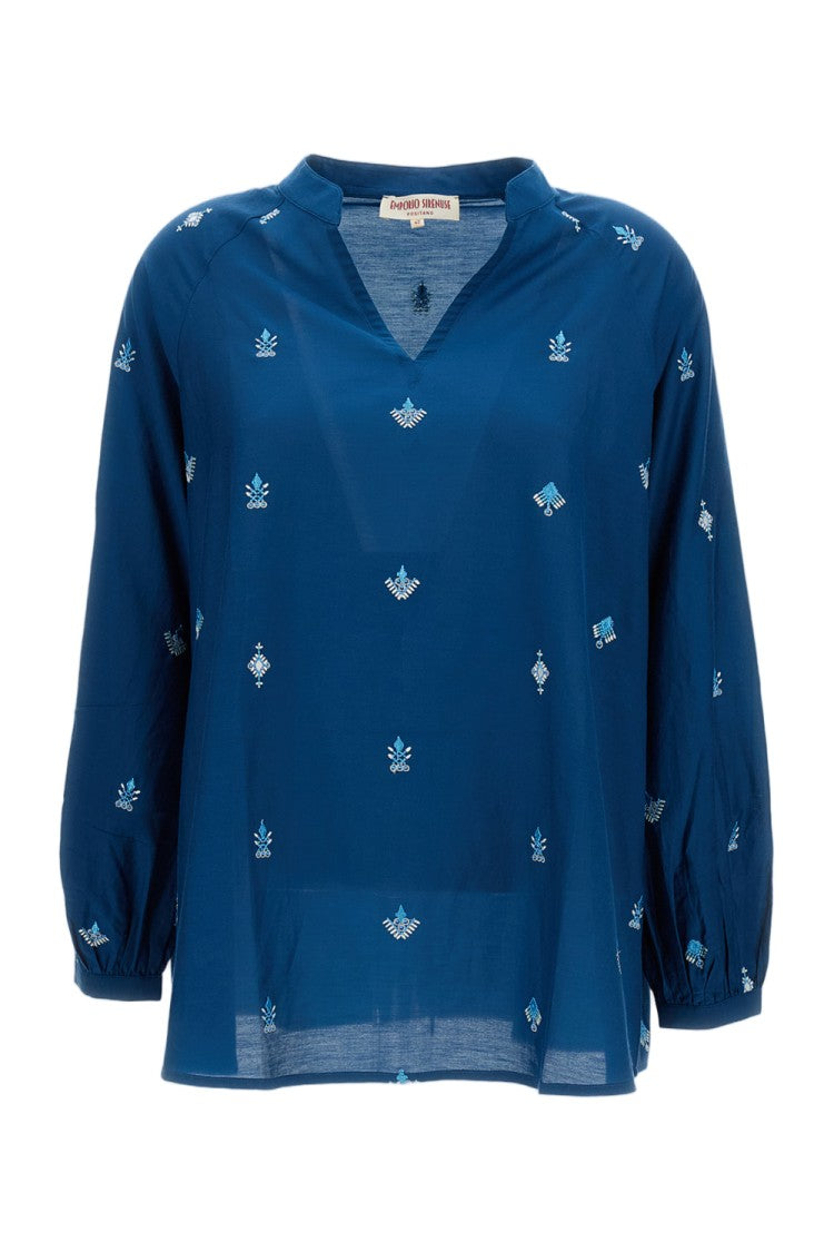 Emporio Sirenuse Embroidered Cotton-Silk Flared Blouse