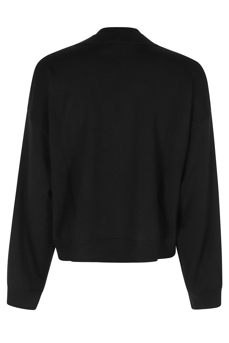 Erika Cavallini Cropped Black Cardigan With Deep V-Neck And Ribbed Trim