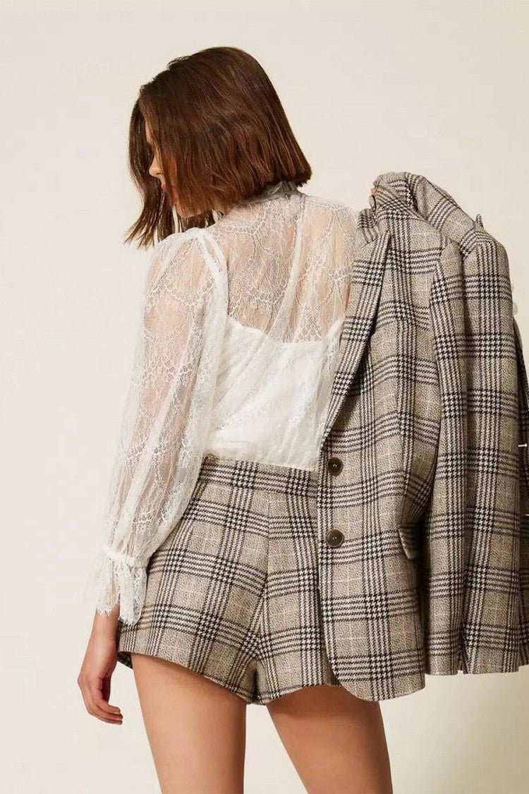 Twin-Set Grey Wool-Polyester Blend Plaid Check Shorts