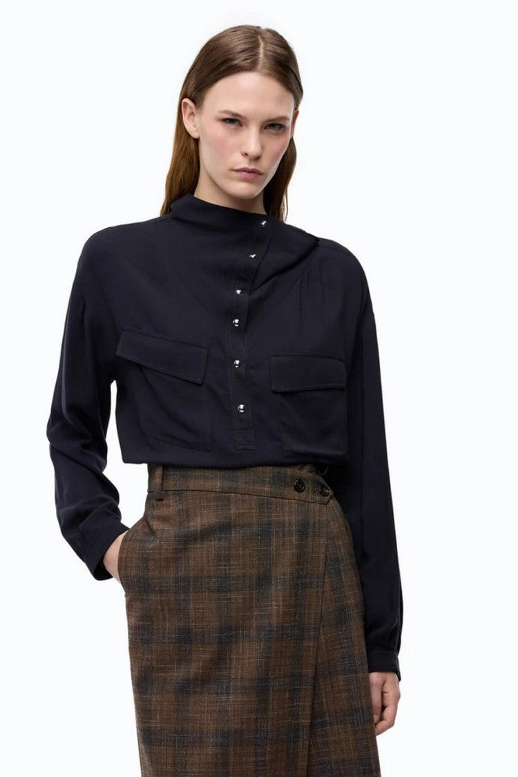 Pinko Navy Mandarin Collar Relaxed Shirt