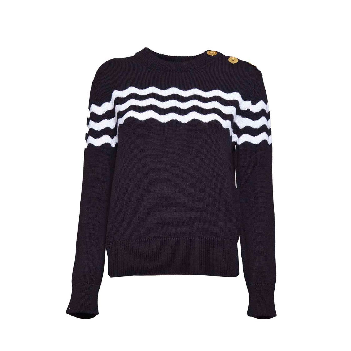 Patou Crew Neck Cotton Sweater Blue With Wave Pattern