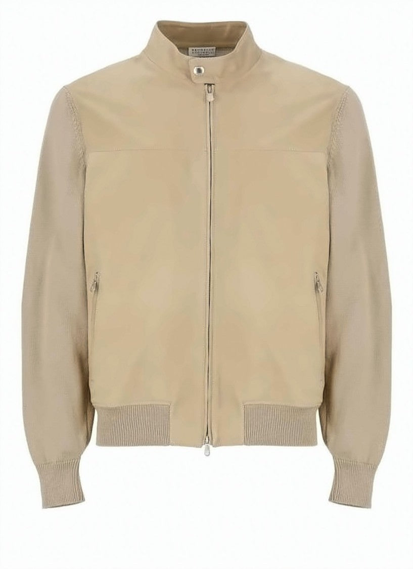 Brunello Cucinelli Textured Knit-Sleeve Leather Bomber Jacket