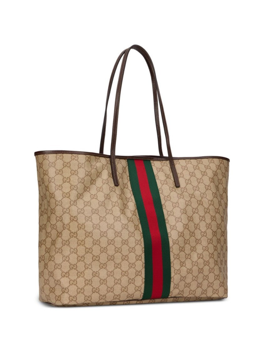 Gucci Beige Monogram Web Stripe Large Canvas Tote Bag