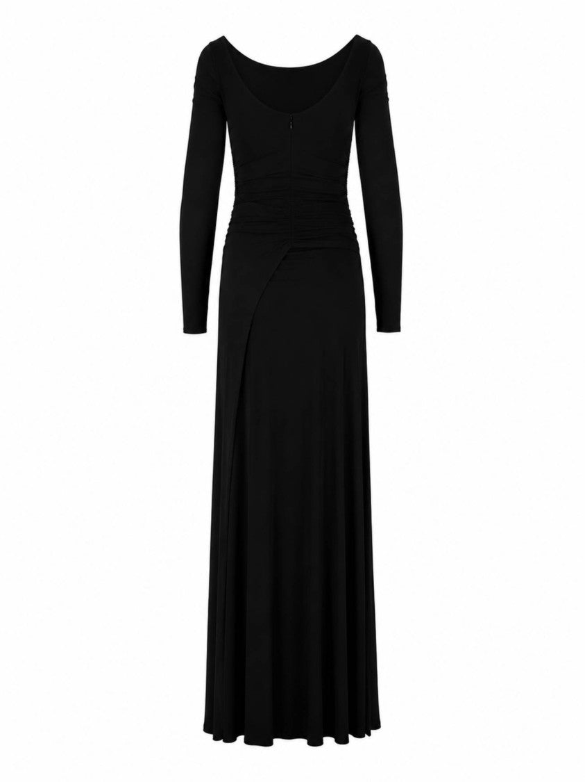 Elisabetta Franchi Black Ruched Asymmetrical Long-Sleeved Midi Dress