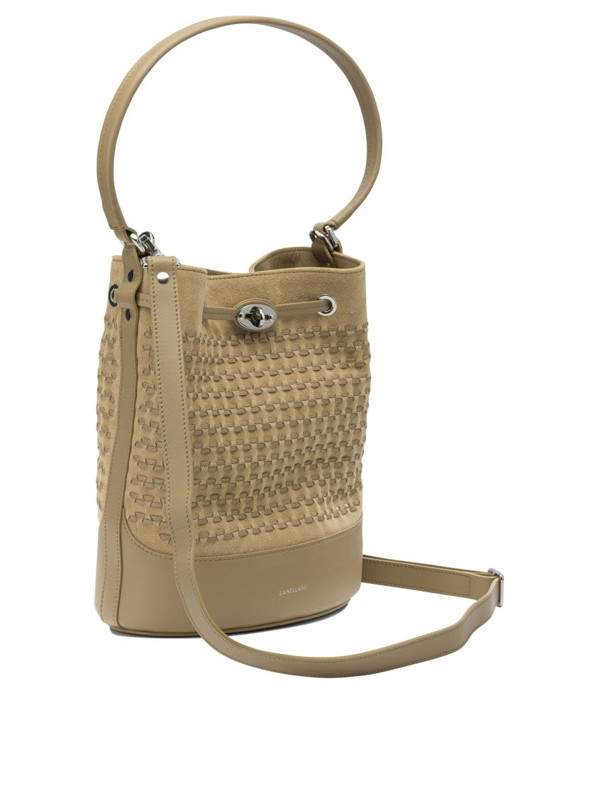 Zanellato Beige Woven Suede Handbag With Silver-Tone Turn-Lock Closure