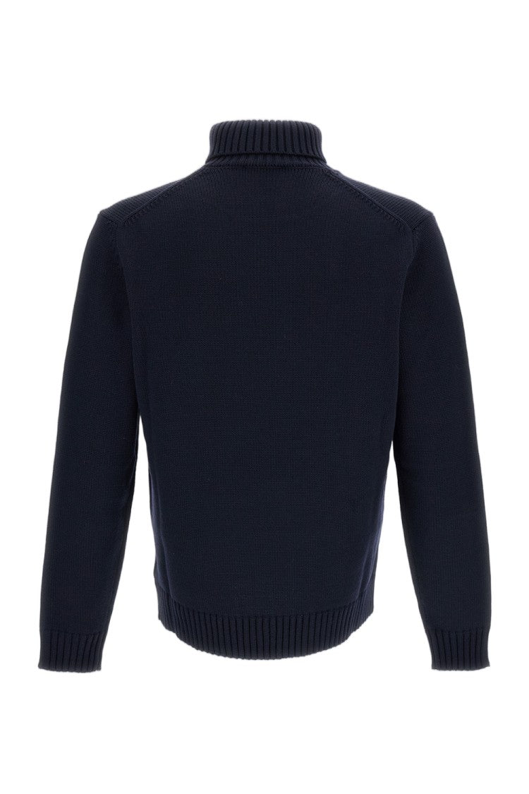 Zanone Dark Navy Blue Turtleneck Sweater With Ribbed Details
