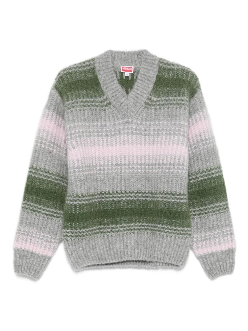 Kenzo Grey V-Neck Wool-Blend Sweater