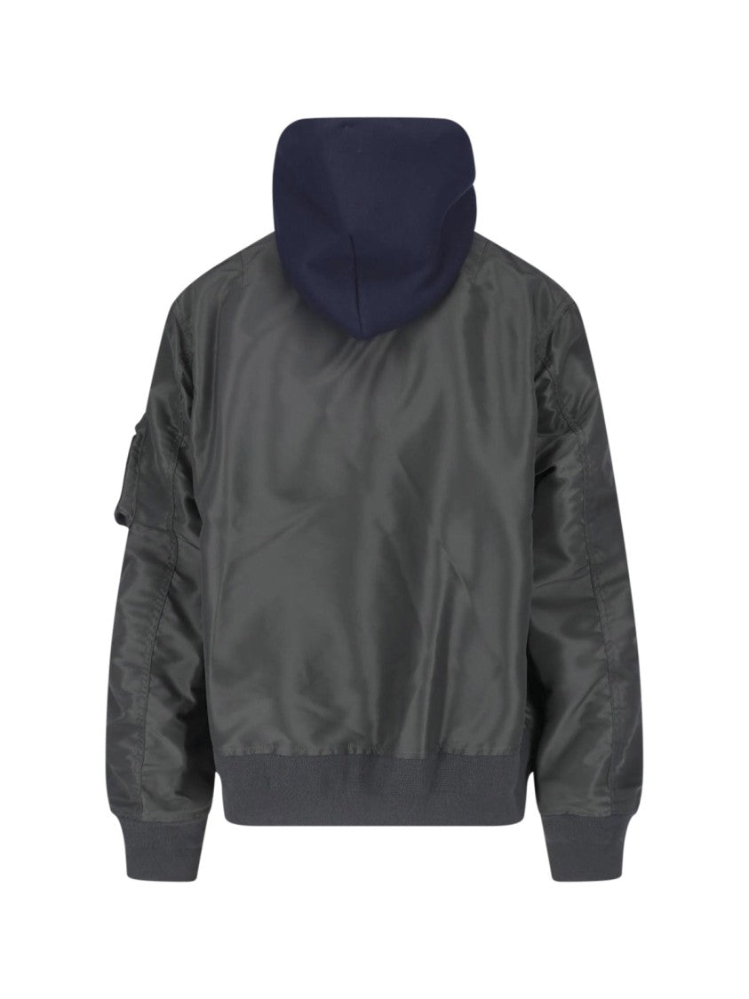 Sacai Hooded Bomber Jacket In Technical Fabric With Zip Closure
