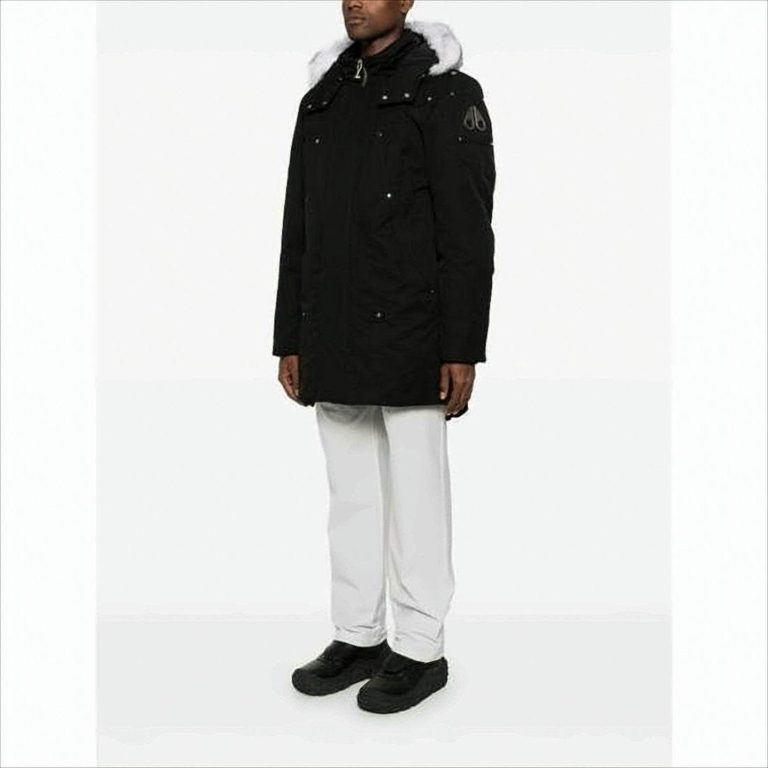 Moose Knuckles Hooded Long Black Padded Coat With Fur Trim And Multiple Pockets