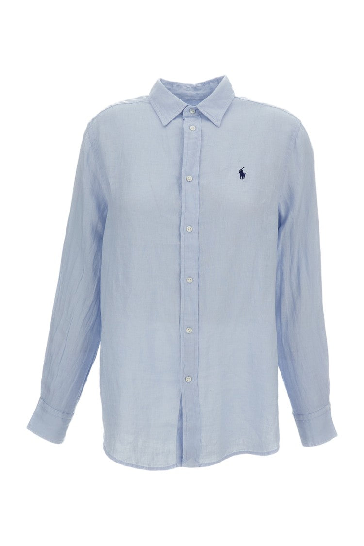 Polo Ralph Lauren Light Blue Linen Blouse With Logo