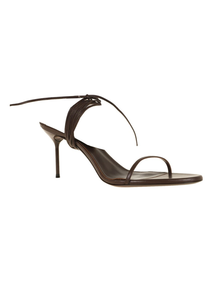 Paris Texas Brown Lace-Up Sandals With Stiletto Heel And Ankle Wrap