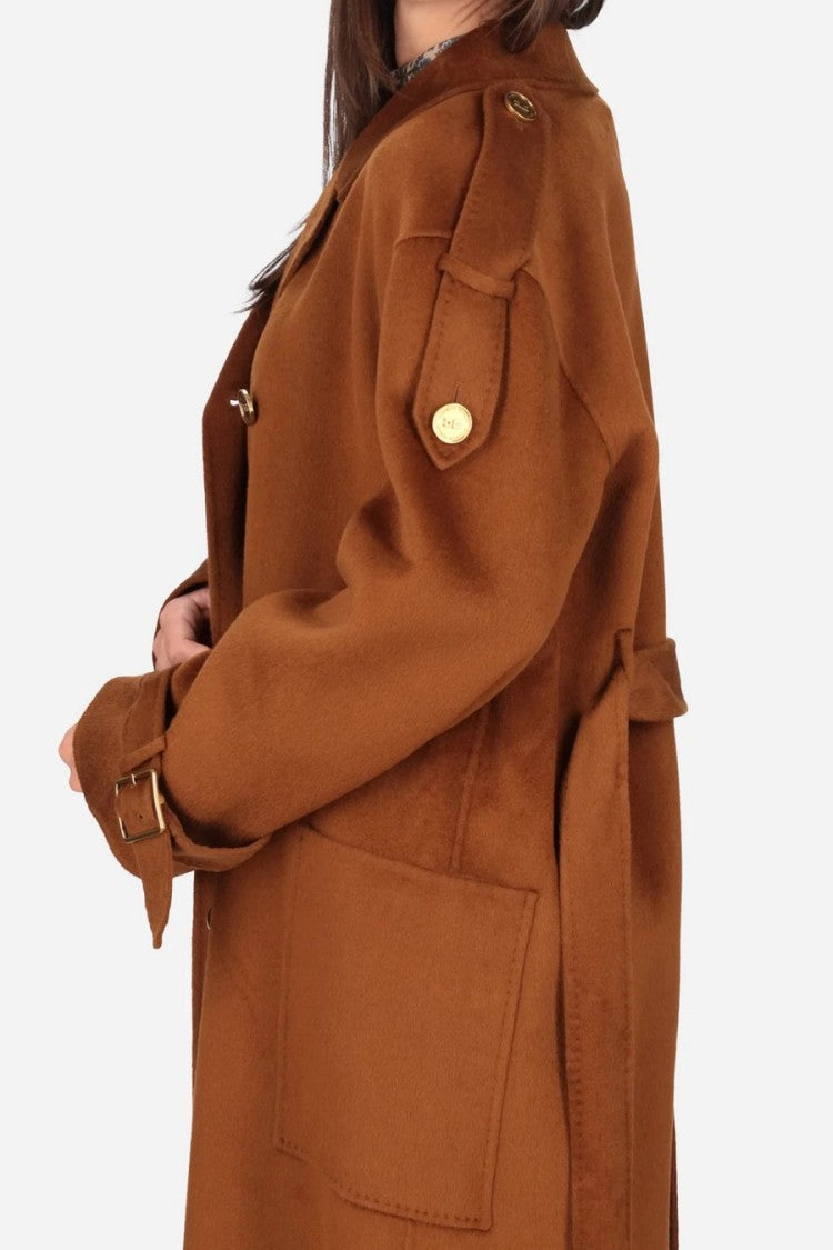 Elisabetta Franchi Cognac Double-Breasted Belted Wool Trench Coat
