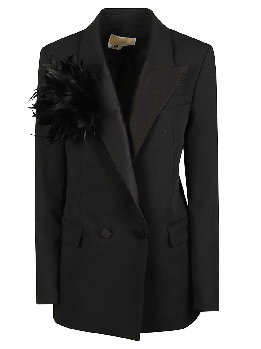 Michael Kors Feather Pin Double-Breasted Satin Lapel Tuxedo Blazer
