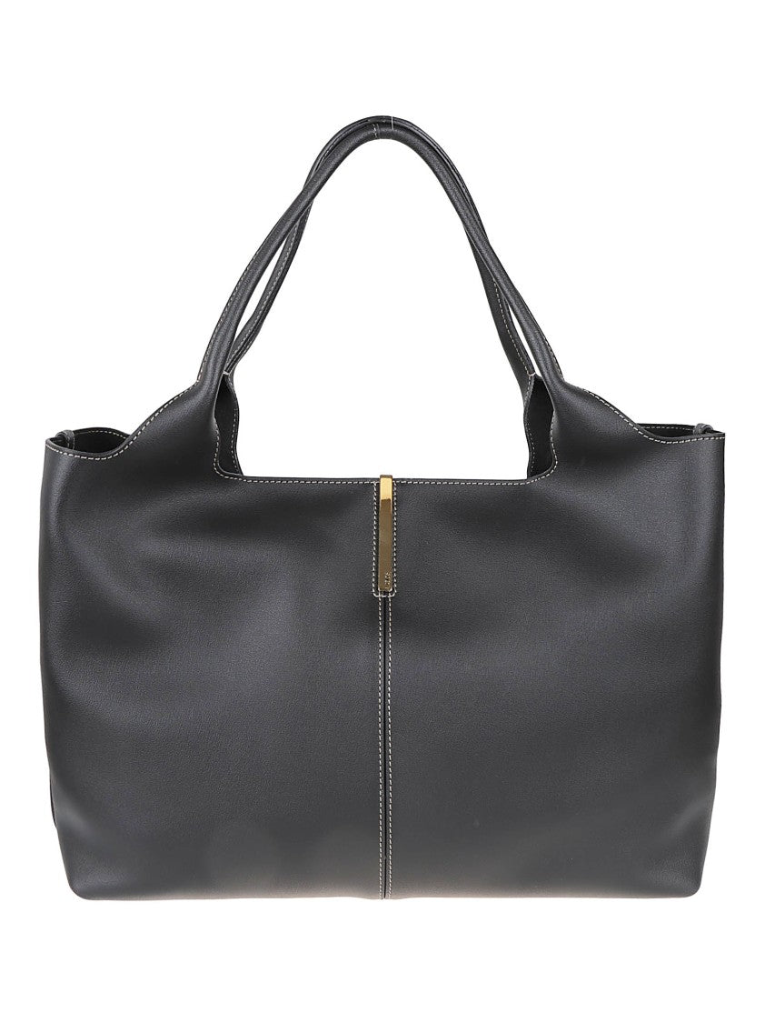 Tod's Rectangular Black Calfskin Tote Bag With Gold Accent
