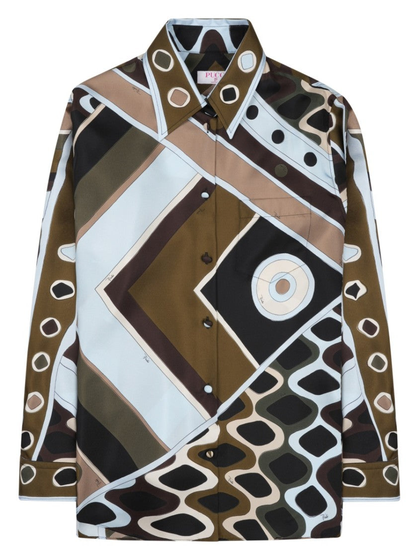 Pucci Brown Geometric Pattern Silk Shirt