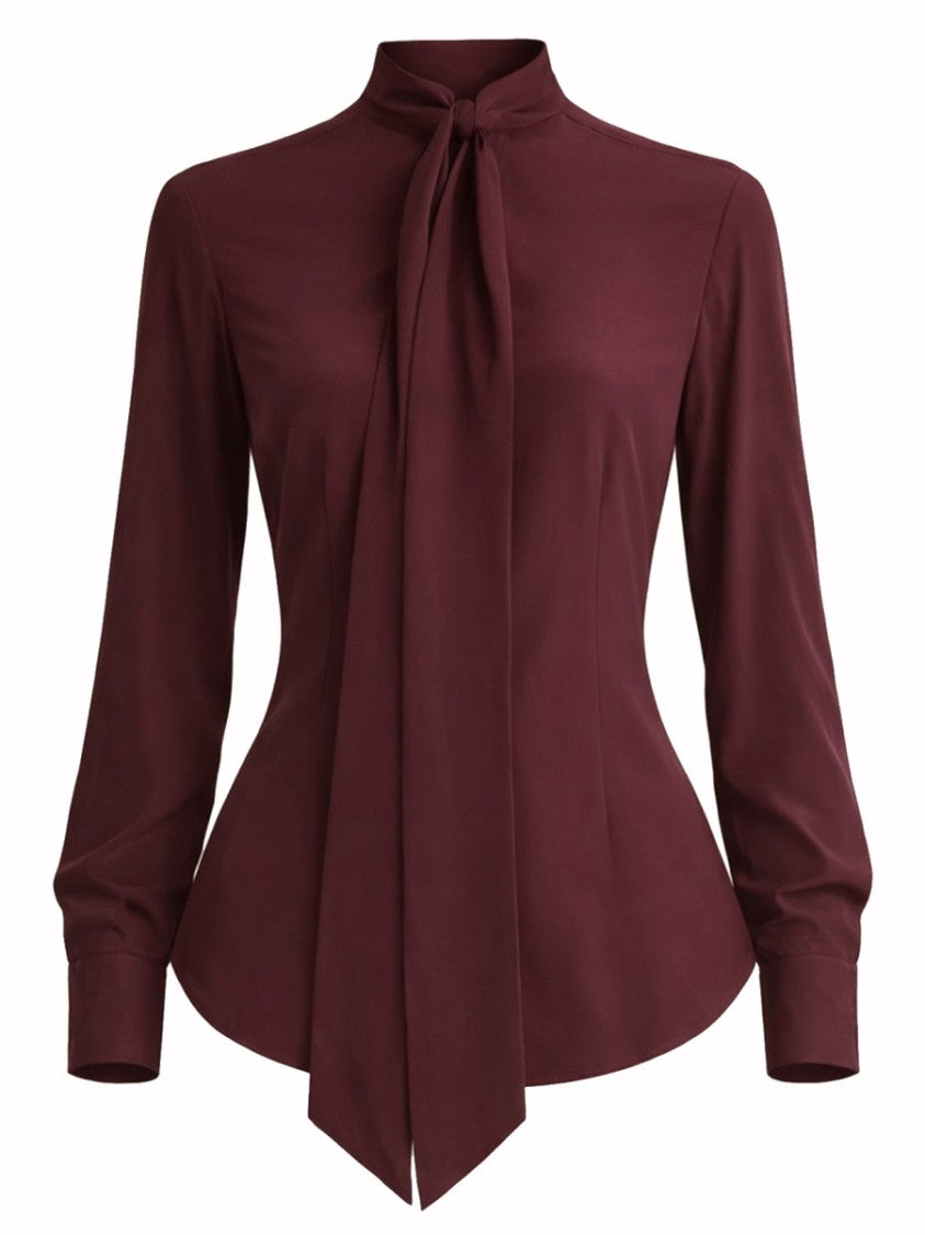 Stella Mccartney Burgundy Silk Tie-Neck Fitted Blouse