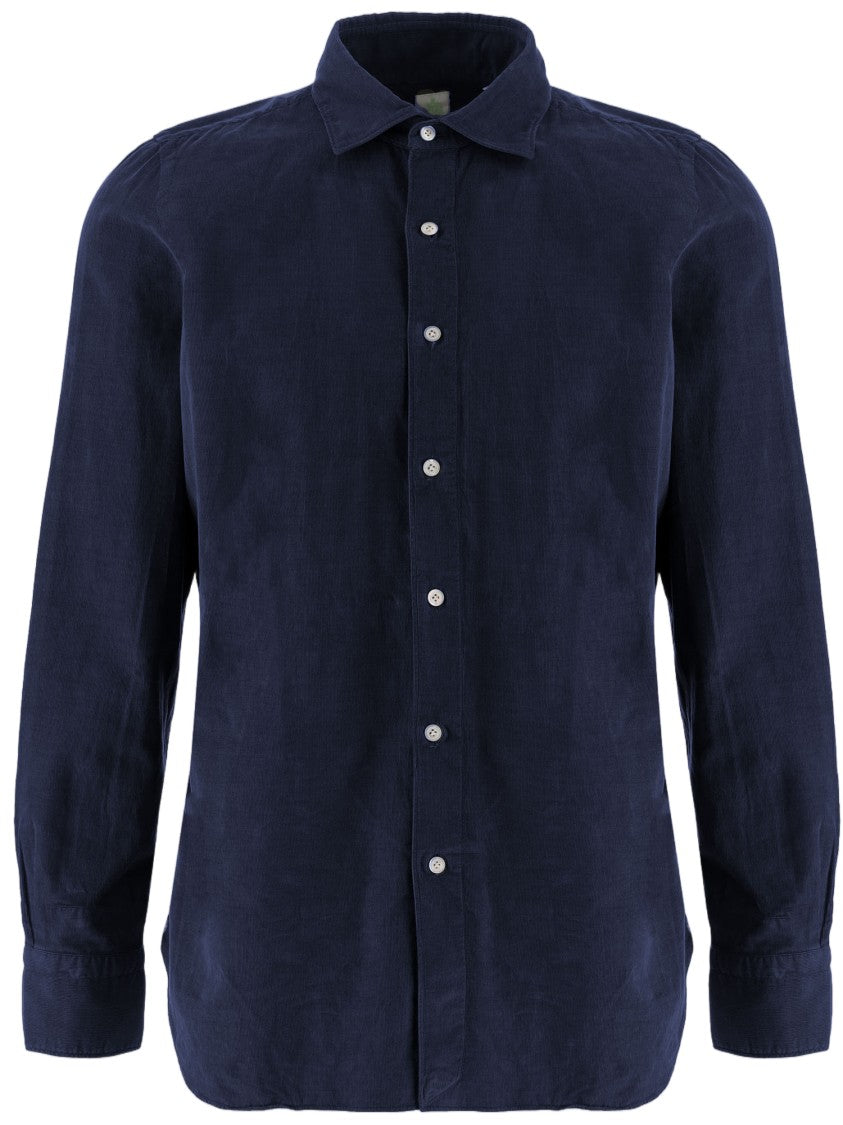 Finamore Navy Ribbed Cotton Curved Hem Shirt