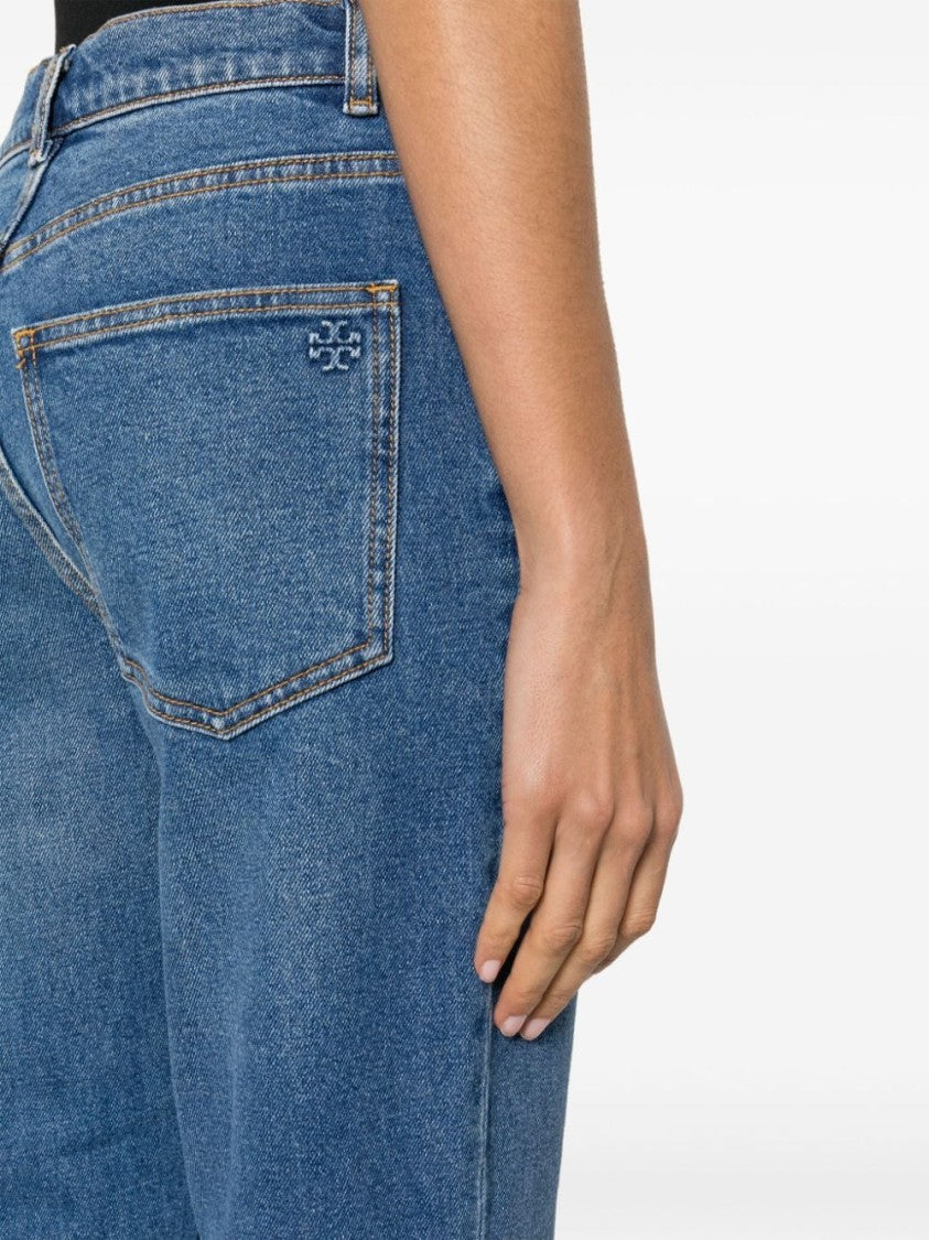 Tory Burch Medium Wash Flared Crop Jeans