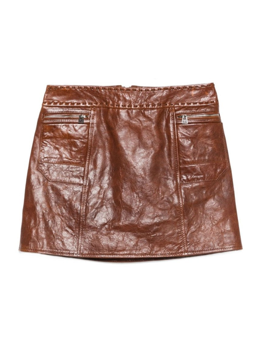 Ermanno Scervino Brown Leather Mini Skirt With Zip Pockets