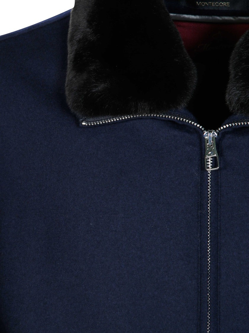 Montecore Blue Wool-Blend Plush Fur Collar Jacket