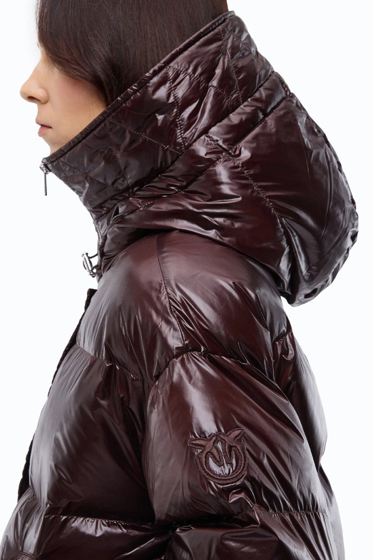 Pinko Burgundy Glossy Hooded Polyester Puffer Jacket