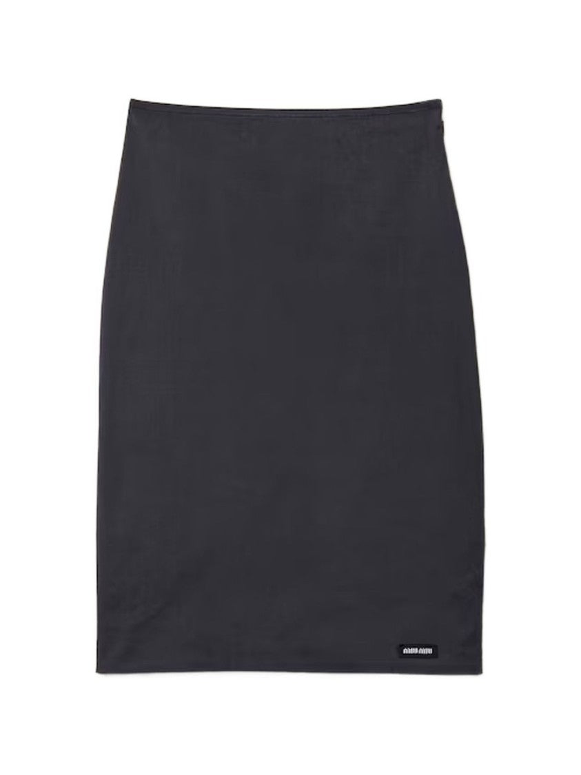 Miu Miu Knee-Length Black Midi Skirt With Subtle Logo Patch