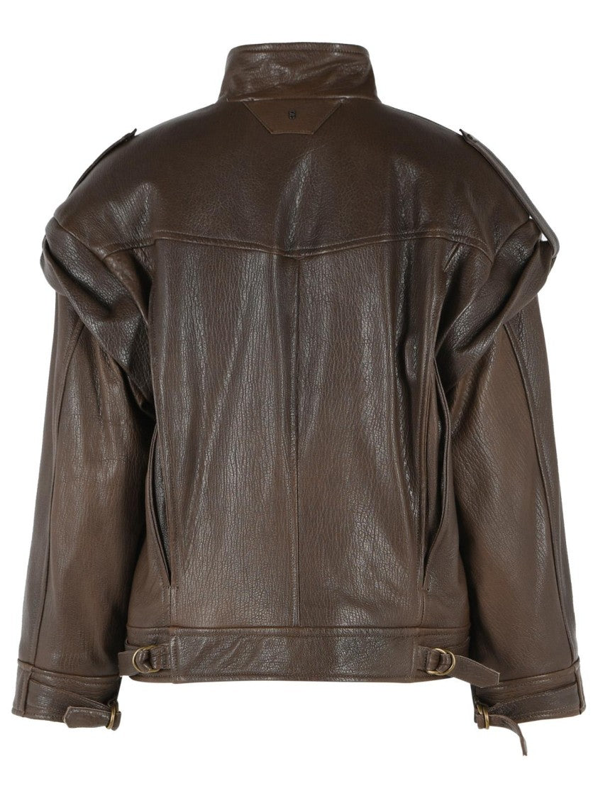 Salvatore Santoro Rich Brown Leather Bomber Jacket With Raised Collar And Unique Detailing