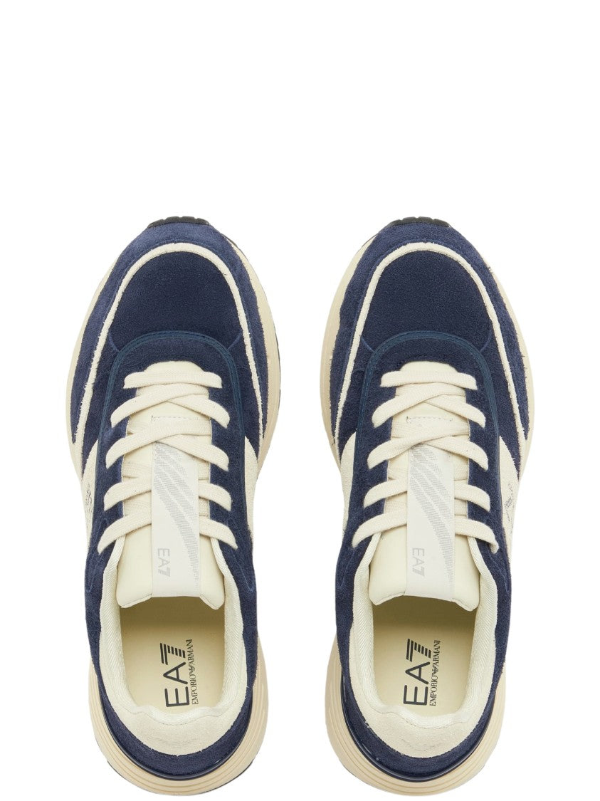 Ea7 Emporio Armani Dark Navy Leather Suede Overlay Low-Top Sneakers