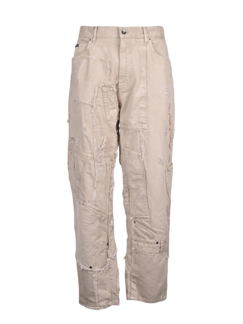Dolce & Gabbana Beige Patchwork Distressed Cotton Cargo Jeans