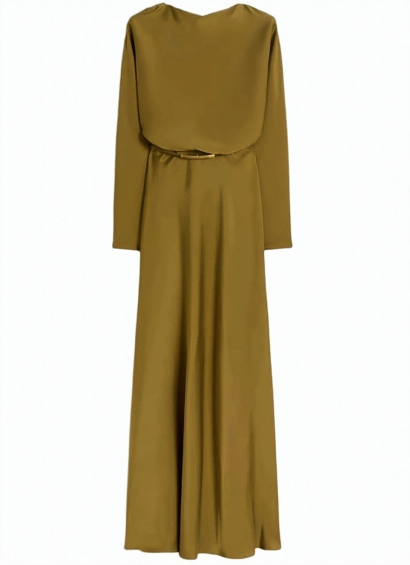 Max Mara Green Satin Belted Maxi Dress