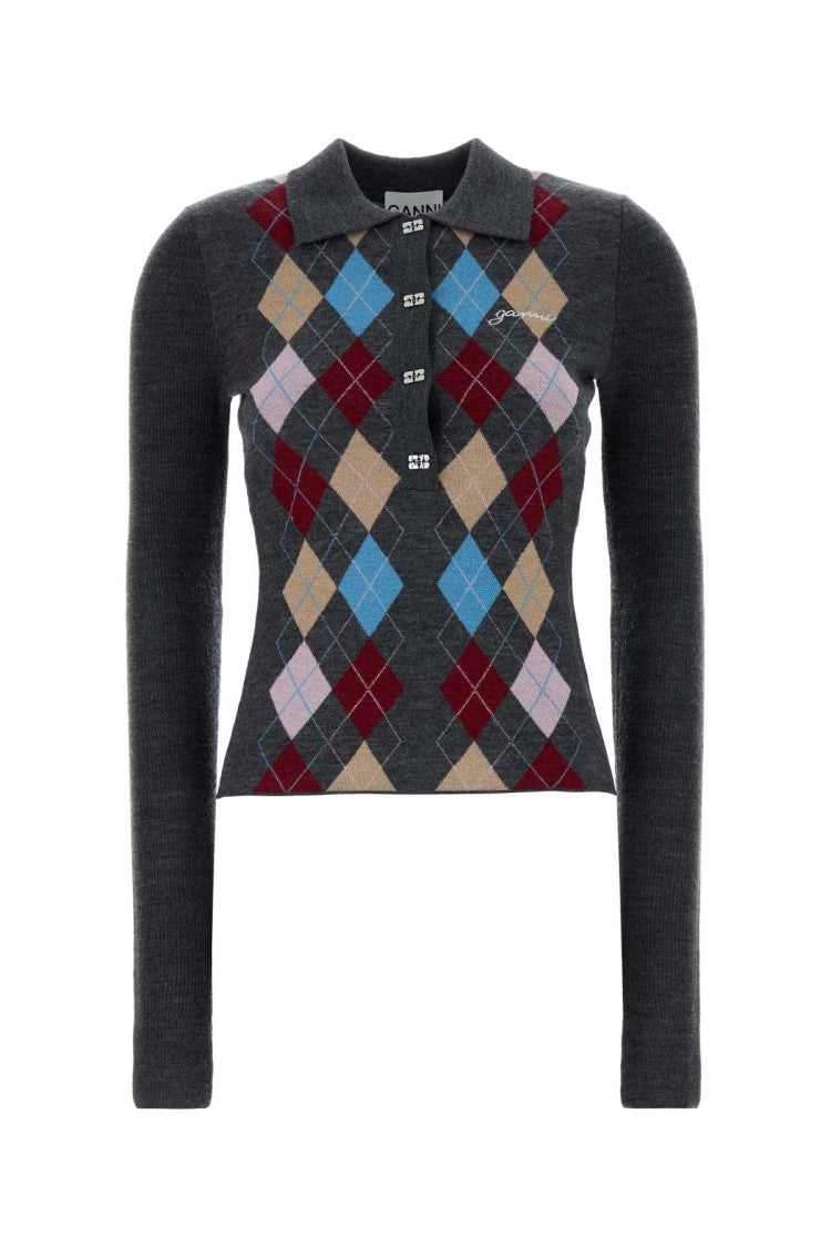 Ganni Dark Grey Wool Polo Shirt