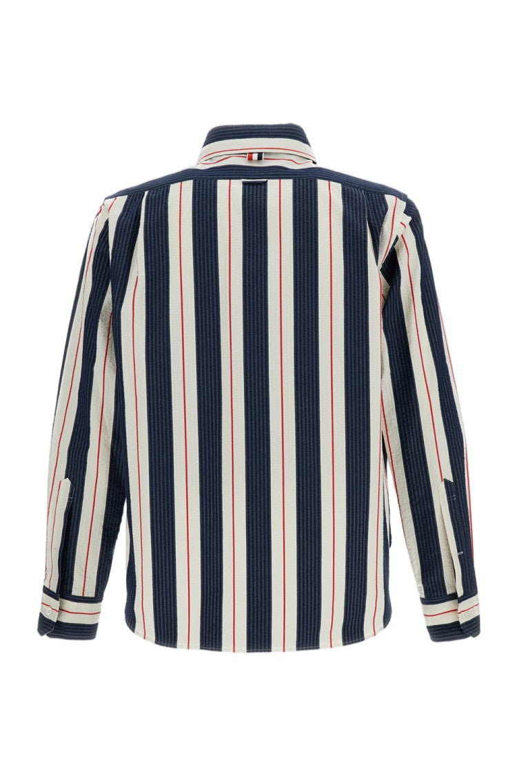 Thom Browne Seersucker Stripe Zip-Up Shirt With Point Collar