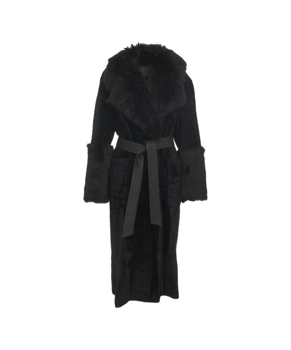 Desa 1972 Voluminous Black Fur Coat With Generous Collar And Waist Belt