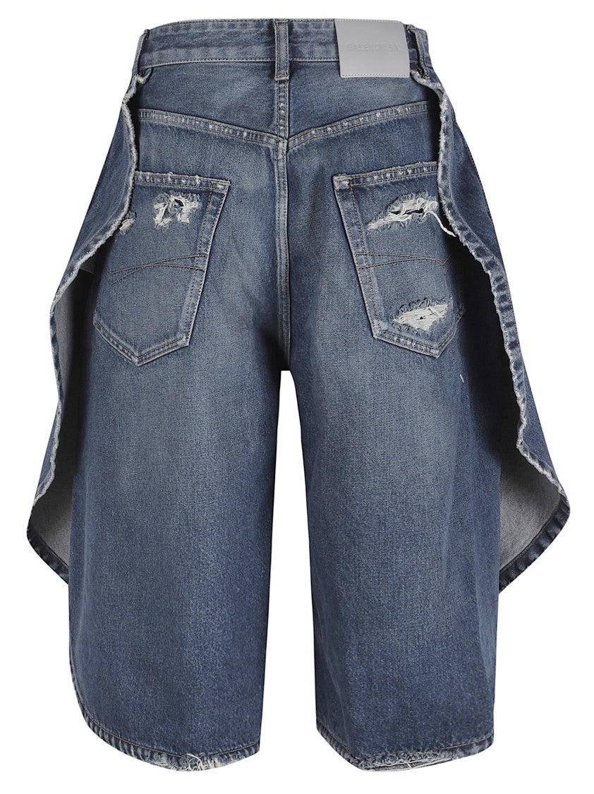 Balenciaga Blue Cotton Distressed Tulip Denim Shorts