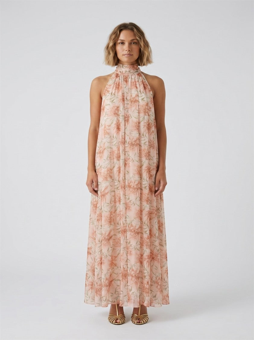 Semi Couture Orange Rosalind High-Neck Floral Printed Viscose Maxi Dress