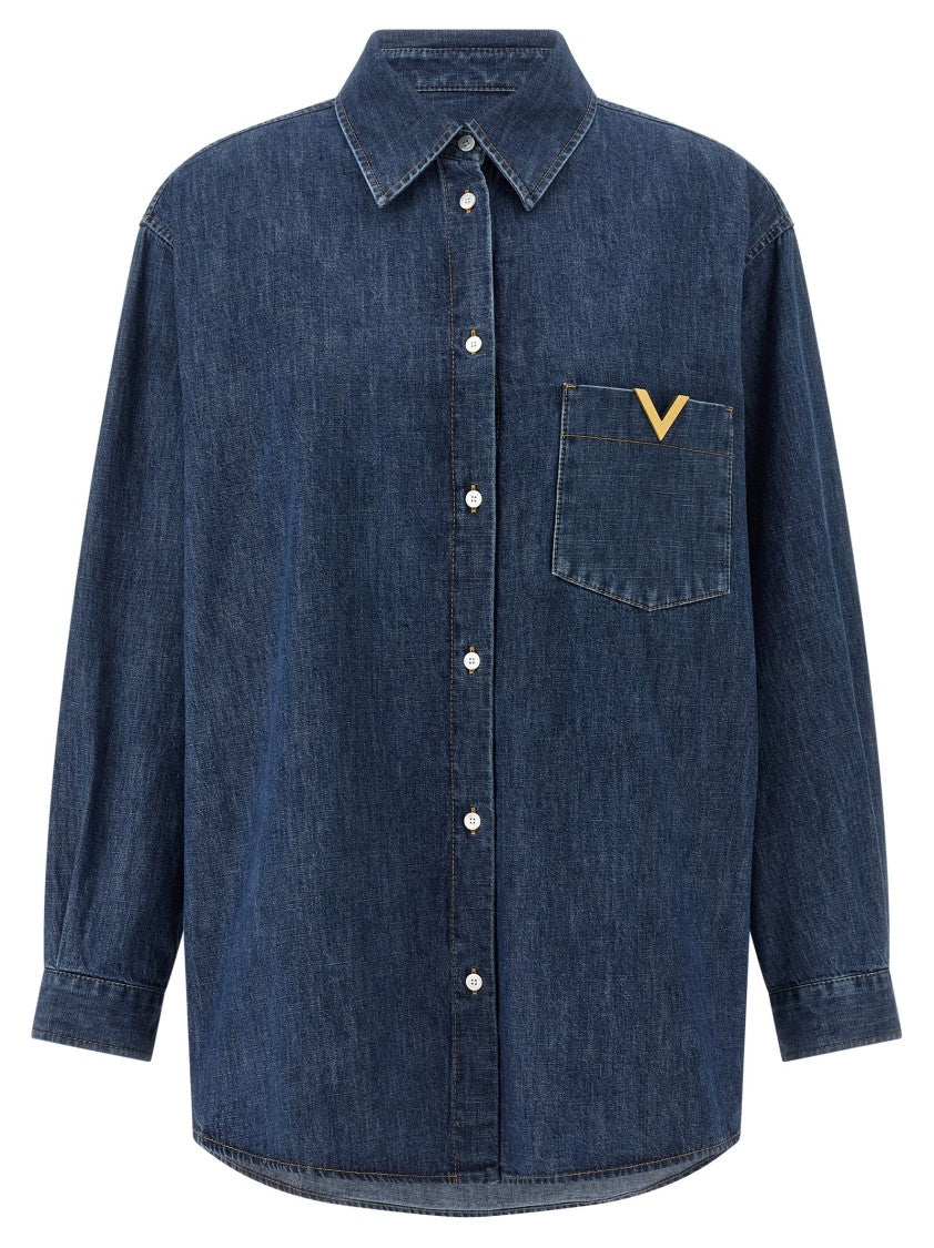Valentino Garavani Solid Chambray Denim Shirt With Antiqued Vgold Detail