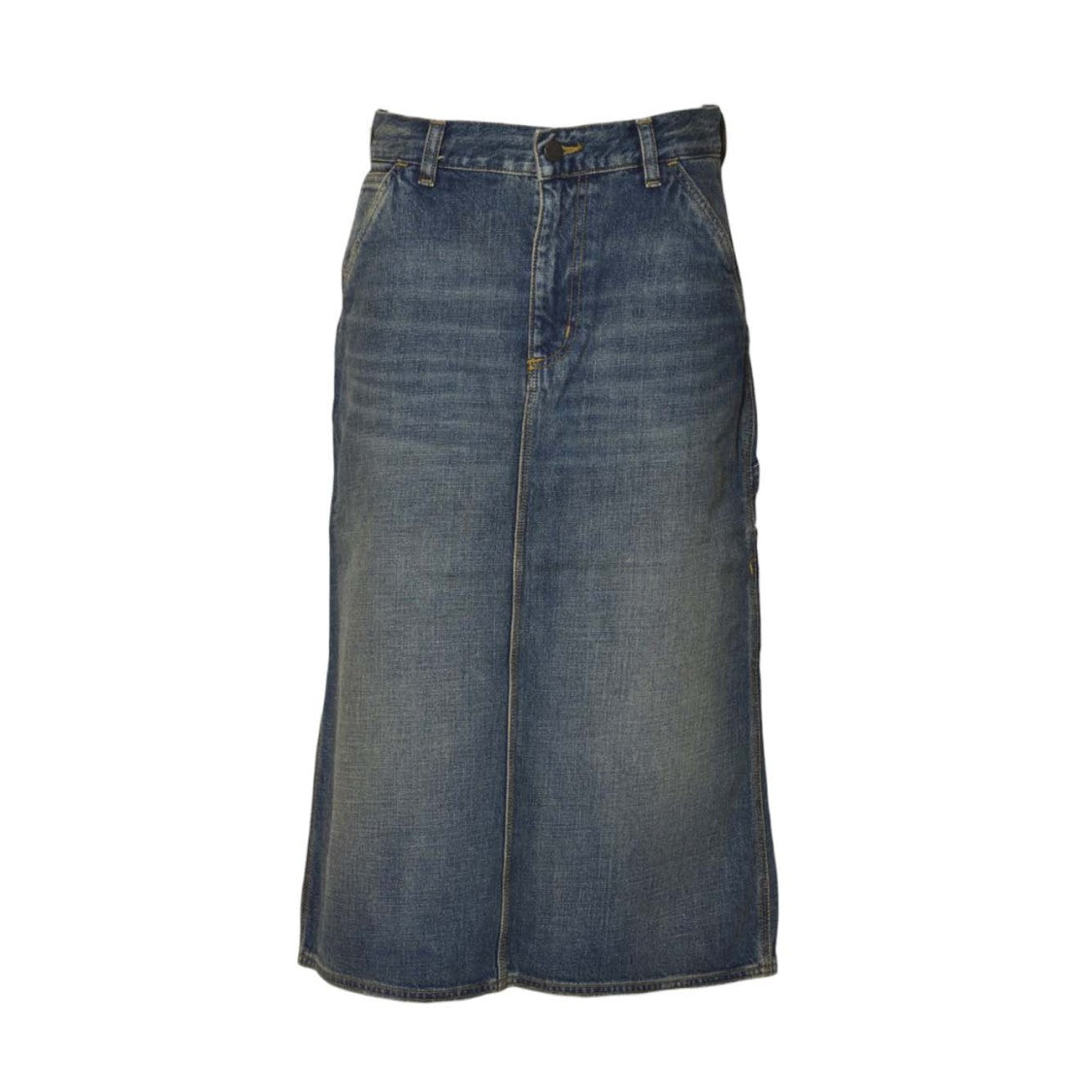Carhartt Wip Mid-Length Denim Skirt With Logo Patch And Back Slit