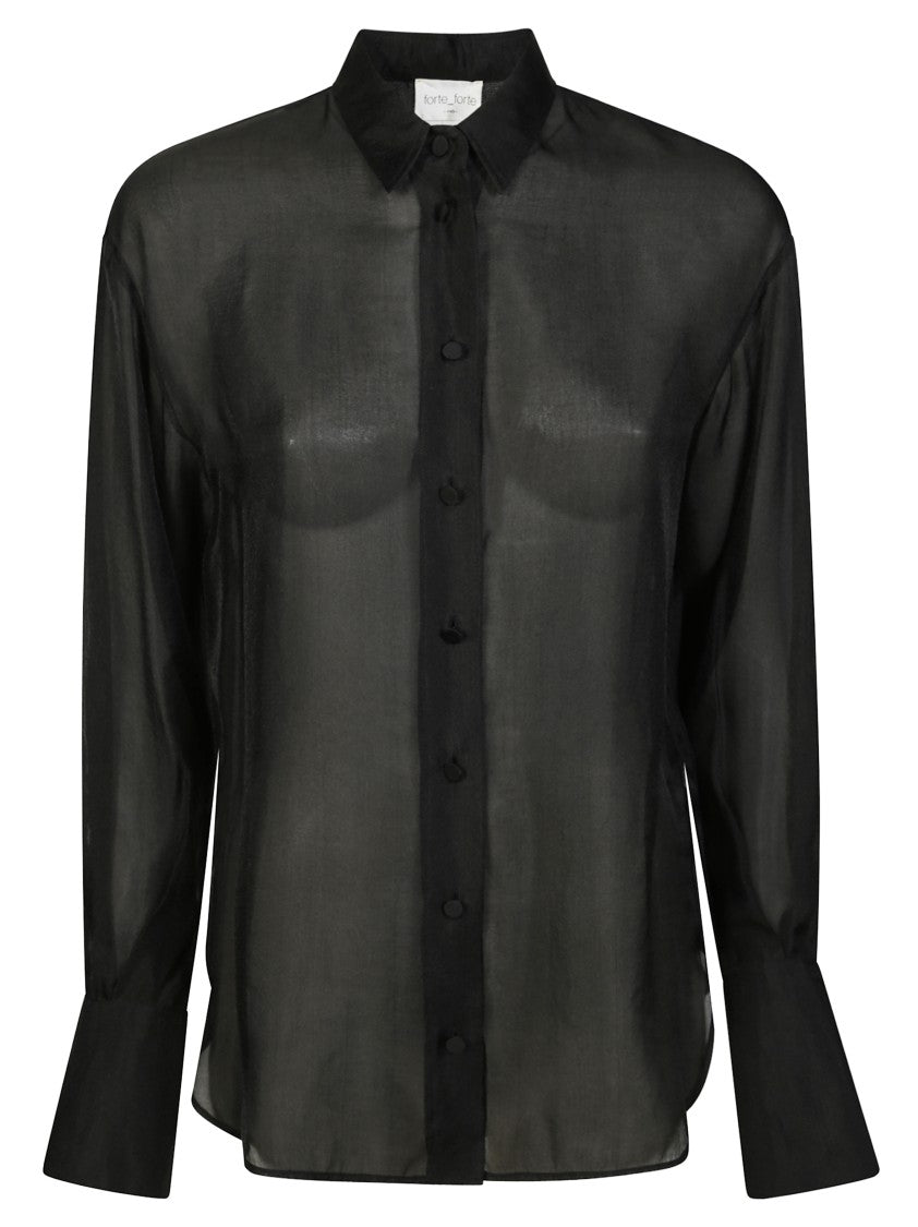 Forte Forte Sheer Black Organza Shirt With Masculine Cut And Classic Collar