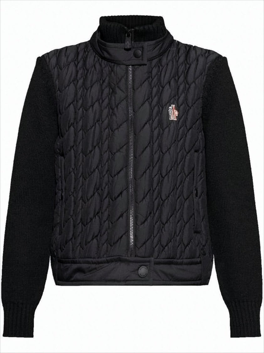 Moncler Quilted Nylon Front Panel Cardigan With Contrasting Knit Sleeves
