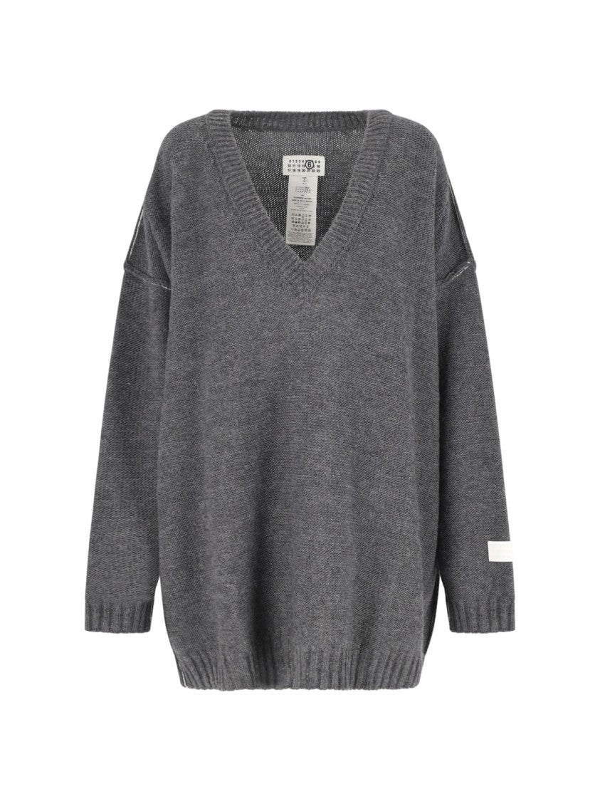Mm6 By Maison Margiela V-Neck Grey Wool Sweater With Ribbed Finishes