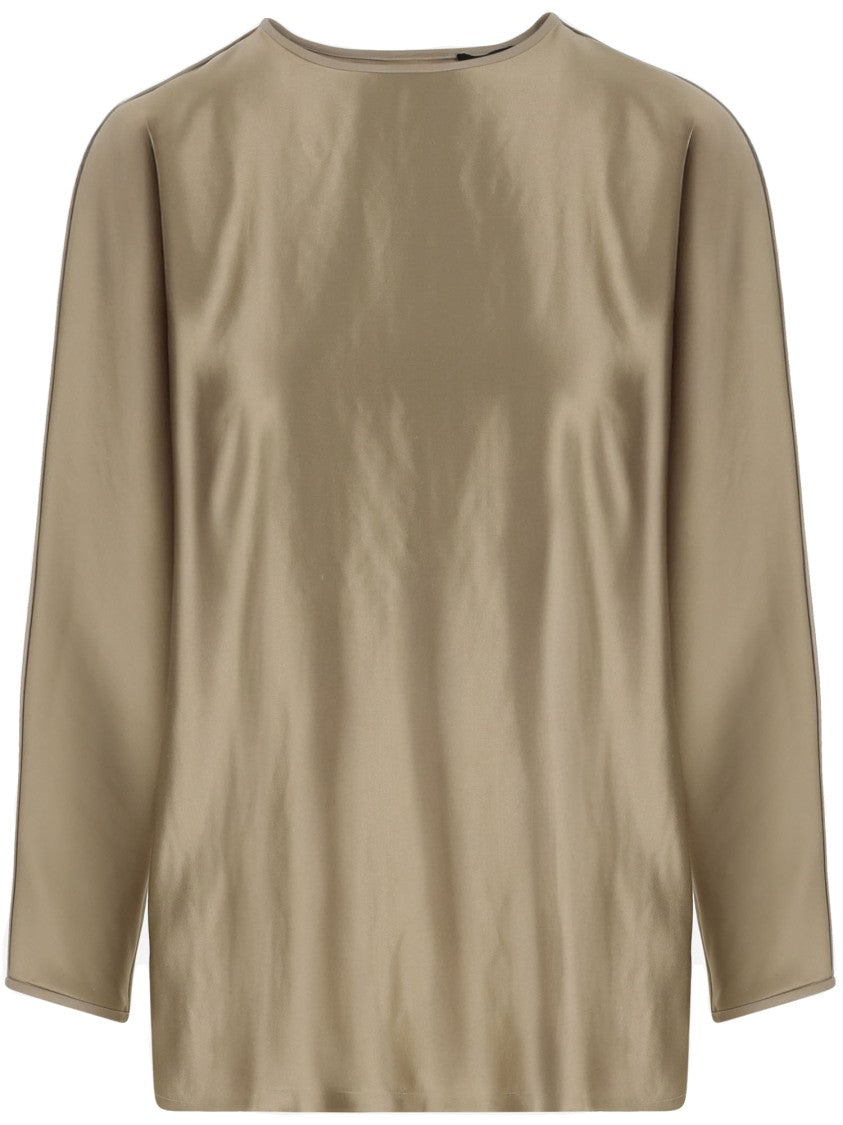 Giorgio Armani Gold Silk Knit Top With Shiny Effect And Crew Neck