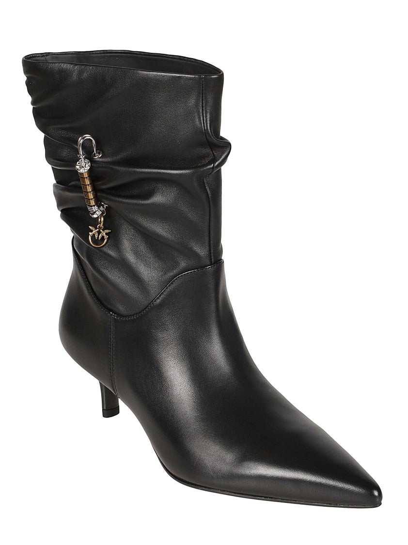 Pinko Pointed Toe Ankle Boots With Ruched Upper And Metallic Charm