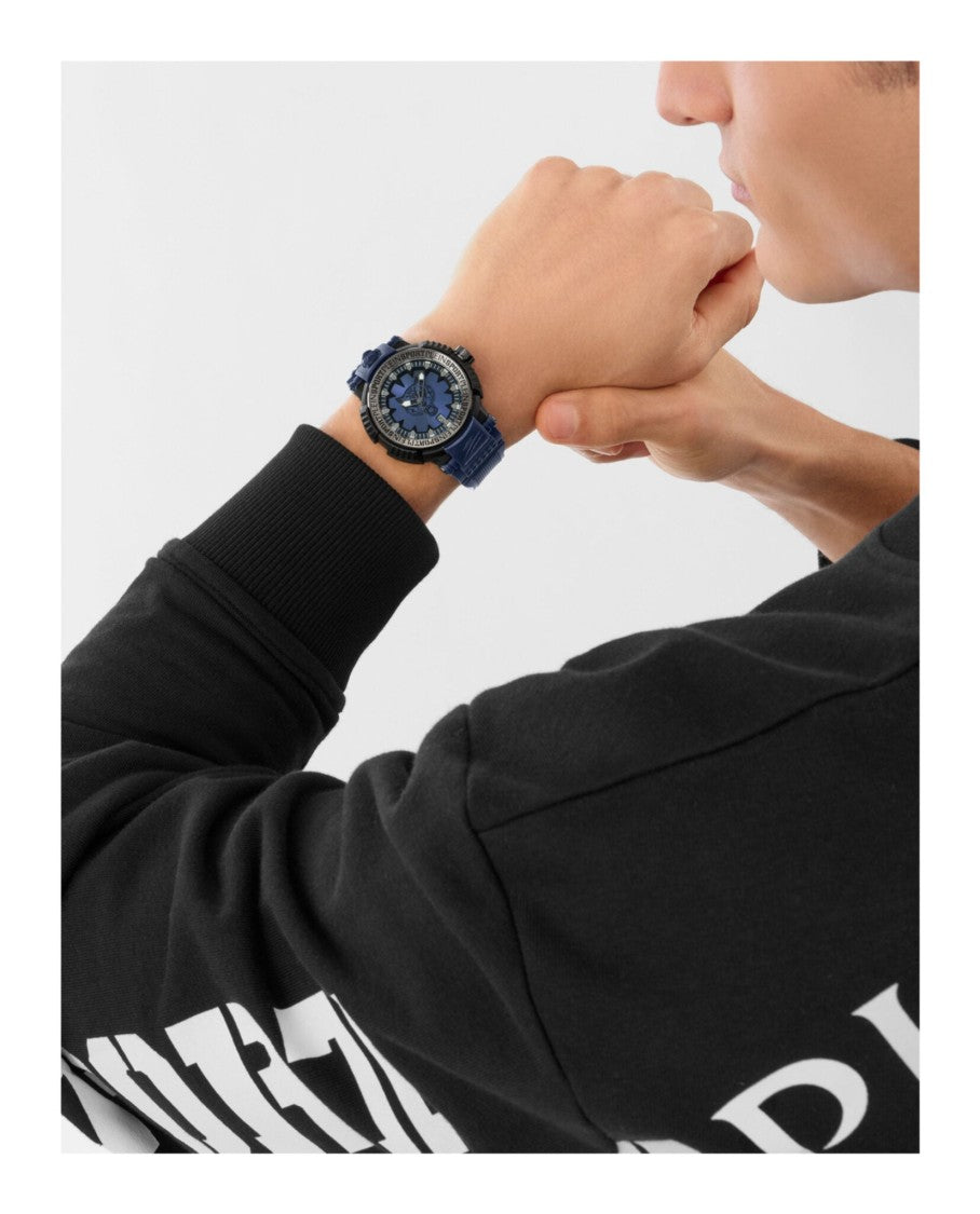 Plein Sport Tiger Motif 45Mm Black Silicone Watch With Blue Sunray Dial