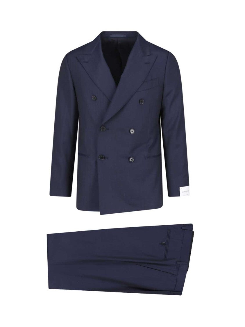 Caruso Navy Blue Double-Breasted Wool-Silk Suit